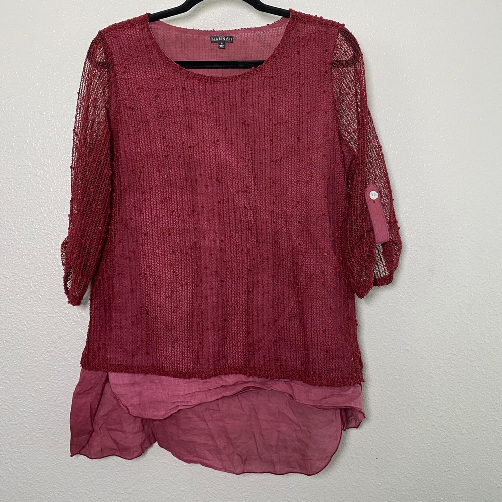 Hannah Burgundy Tunic Blouse Small Lagenlook Bohemian Boho Layering Mesh Sequin